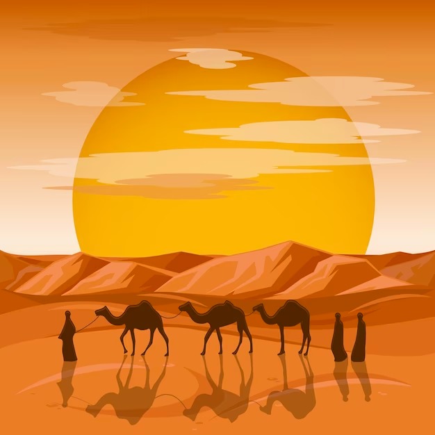 ثلاث جمال مع ثلاث رجال يسيرون على جبل في الصحراء والشمس ساطعة