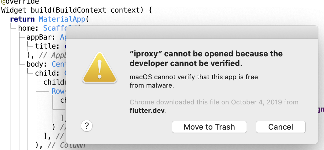 رسالة الخطأ iproxy cannot be opened because the developer cannot be verified على نظام ماك أثناء برمجة تطبيق على فلاتر