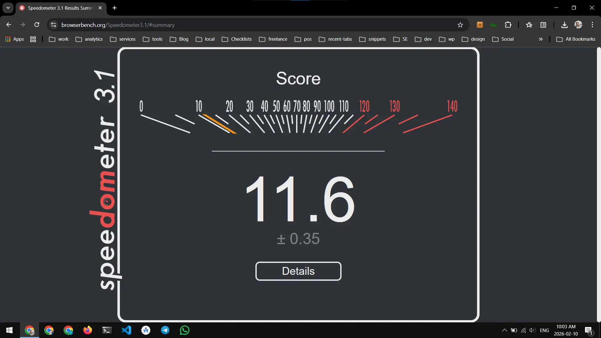 speedometer 3.1 web benchmark on Microsoft Windows 10 Pro