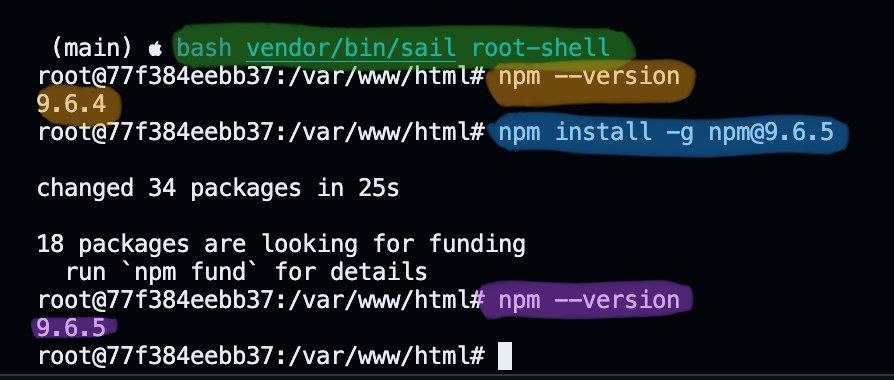 steps and commands to upgrade npm inside Docker-contained Laravel Sail